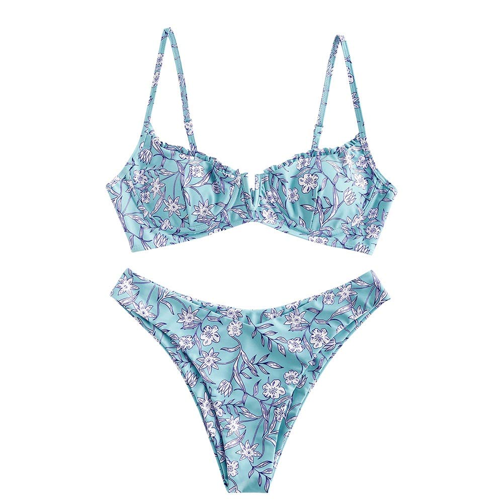 ZAFUL Bikini Set de Dos Piezas Floral Corte Alto Bikini con Arco & V Bañador para Mujer