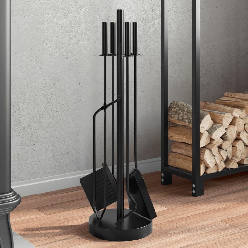 Kaminbesteck-Set 5-teilig aus Stahl Schwarz mit Haken Zange Besen Schaufel für Holzfeuerstelle Kachelofen Schwedenofen Pelletofen Ofenzubehör