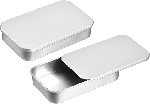 uxcell 2 Pcs Metal Tin Box Container, 3.1x2x0.6 Inch Slide Top Tin Containers Empty Rectangular Storage Box Portable Mini Tin Case for Candy Cosmetic Crafts, Silver