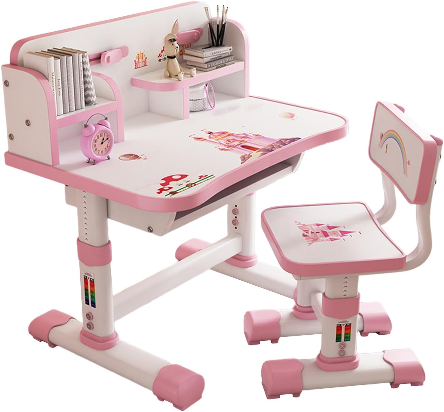 ohfruit Kids Table Chair Sets Multi Functional Desk Set with Drawers and Storage Adjustable Children School Study Table Chair Set with Pattern for Boys Girls Pink Cute
