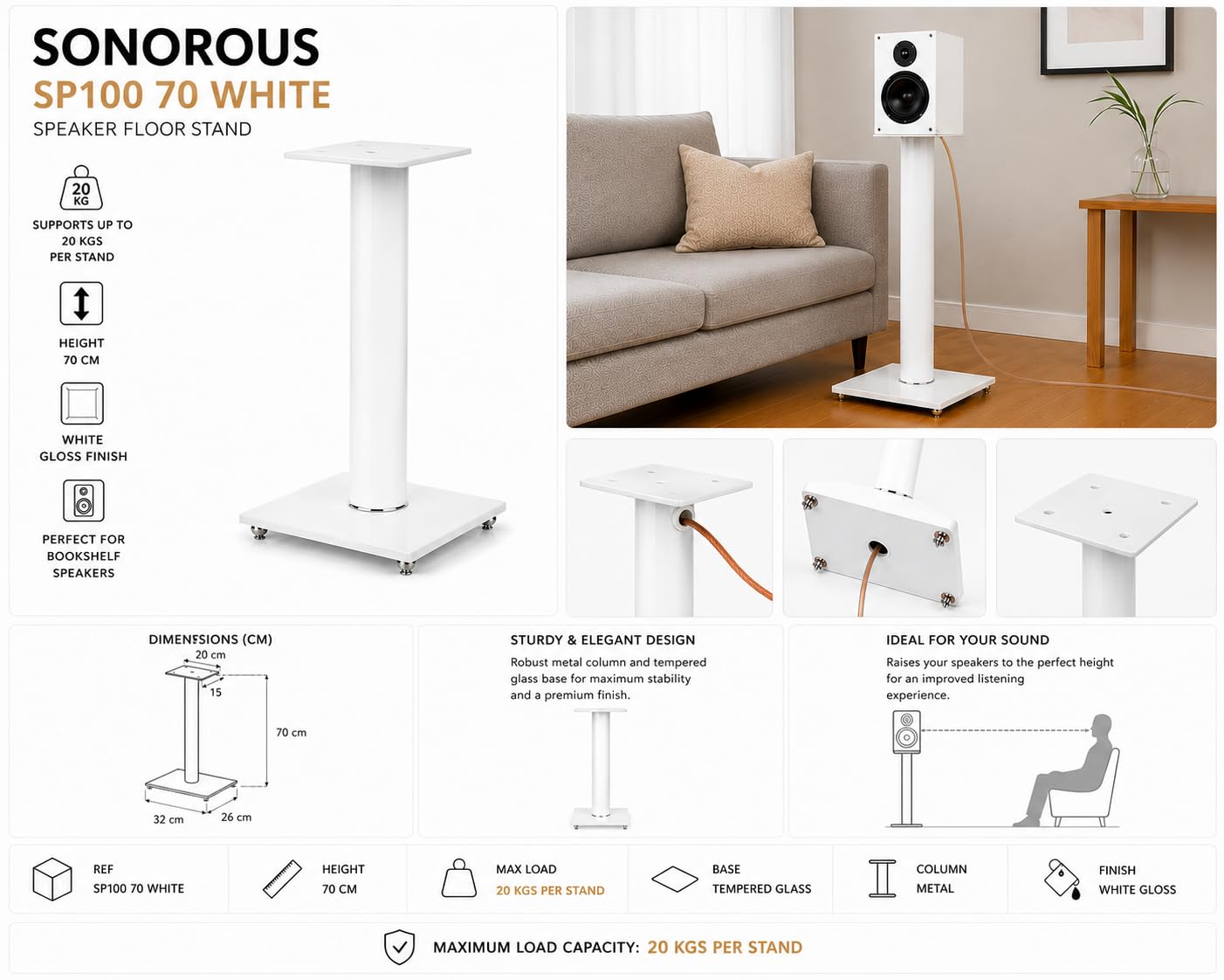 Sonorous SP100-70 Bianco – Supporti per Diffusori 70 cm (Coppia) | Piedi da Pavimento in Alluminio e Vetro | Portata fino a 20 kg per Supporto | Gestione Cavi Integrata