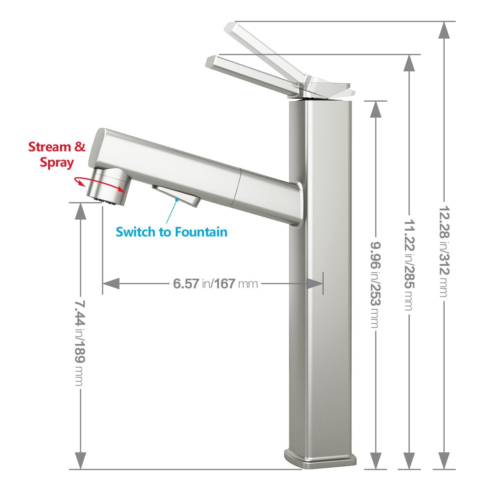 MIAOHUI Vessel Sink Faucet with Pull Out Sprayer, 3 Spray Mode Tall Bathroom Sink Faucet, High Bathroom Faucets for Sink 1 Hole, Single Handle Modern Vanity Faucet with Fountain Mode, Brushed Nickel