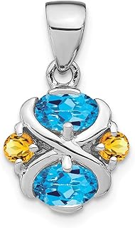 Solid 925 Sterling Silver Blue Topaz and Citrine Yellow November Gemstone Pendant Charm - 20mm x 12mm
