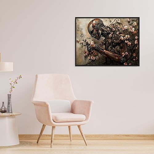 Miniatura 4 de Arte de pared de robot futurista humanoide con componentes metálicos cobre plateado con flores rosas florecientes, póster de lienzo para dormitorio,