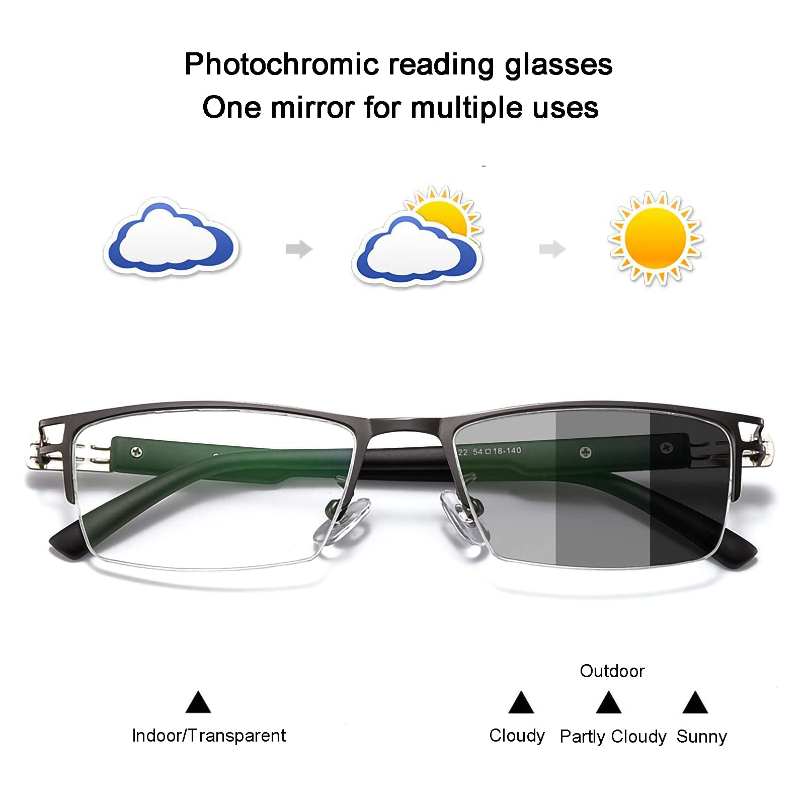 Progressive multifokale Lesebrille für Herren mit Halbrahmen, photochrome Übergangssonnenbrille, UV400, intelligente Farbwechsel-Lesebrille, Schwarz, +2,50 (Schwarz 1,5)