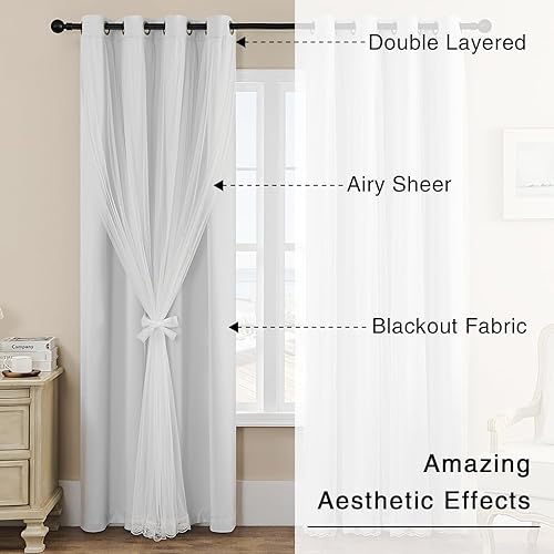 Miniatura 2 de naturetalk Cortinas opacas del 90% al 95% con transparente aplastado, juego de 2 paneles de cortina parte superior con ojales plateados antiguos,