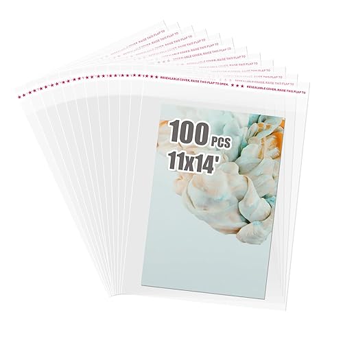 Egofine Self Sealing Cellophane Bags 100 PCS, Crystal Sealed Clear Bags for 11x14 Art Prints, Bag Size: 11.41x14.57 inches