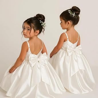 Satin Flower Girl Dress with Big Bow Elegant Sleeveless A-Line Ball Gowns Formal Communion Wedding Party Dresses