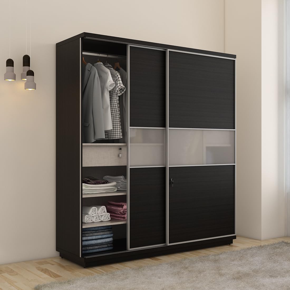 Spacewood Universal 2 Door Sliding Wardrobe | Natural Wenge Finish | Engineered Wood Almirah with 2 Lockable Drawers & 2 Hanging Spaces | Bedroom Cupboard Almari | 3-Year Warranty-image-9