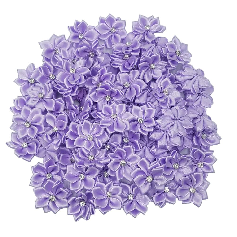 Tianying 40 Pack Satin Ribbon Flowers Bows 1.1in Rhinestones Party Weddng Supply Home Decor DIY Craft (Purple)