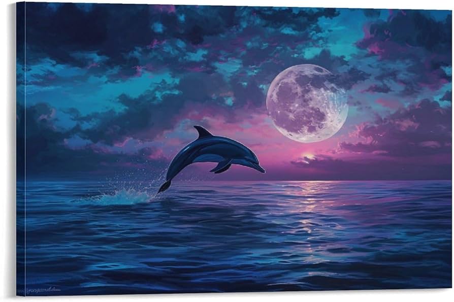 Amazon.co.jp: 絵画 明るい月の下で海から飛び出すイルカインテリア