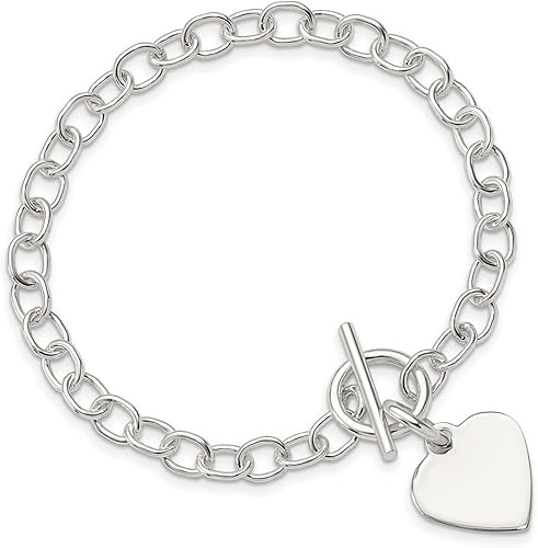 JewelryWeb - Pulsera de plata de ley 925 con dije de corazón grabable y eslabones Rolo - Cierre de palanca - 7.5 o 8.5 pulgadas - Pulsera de corazón