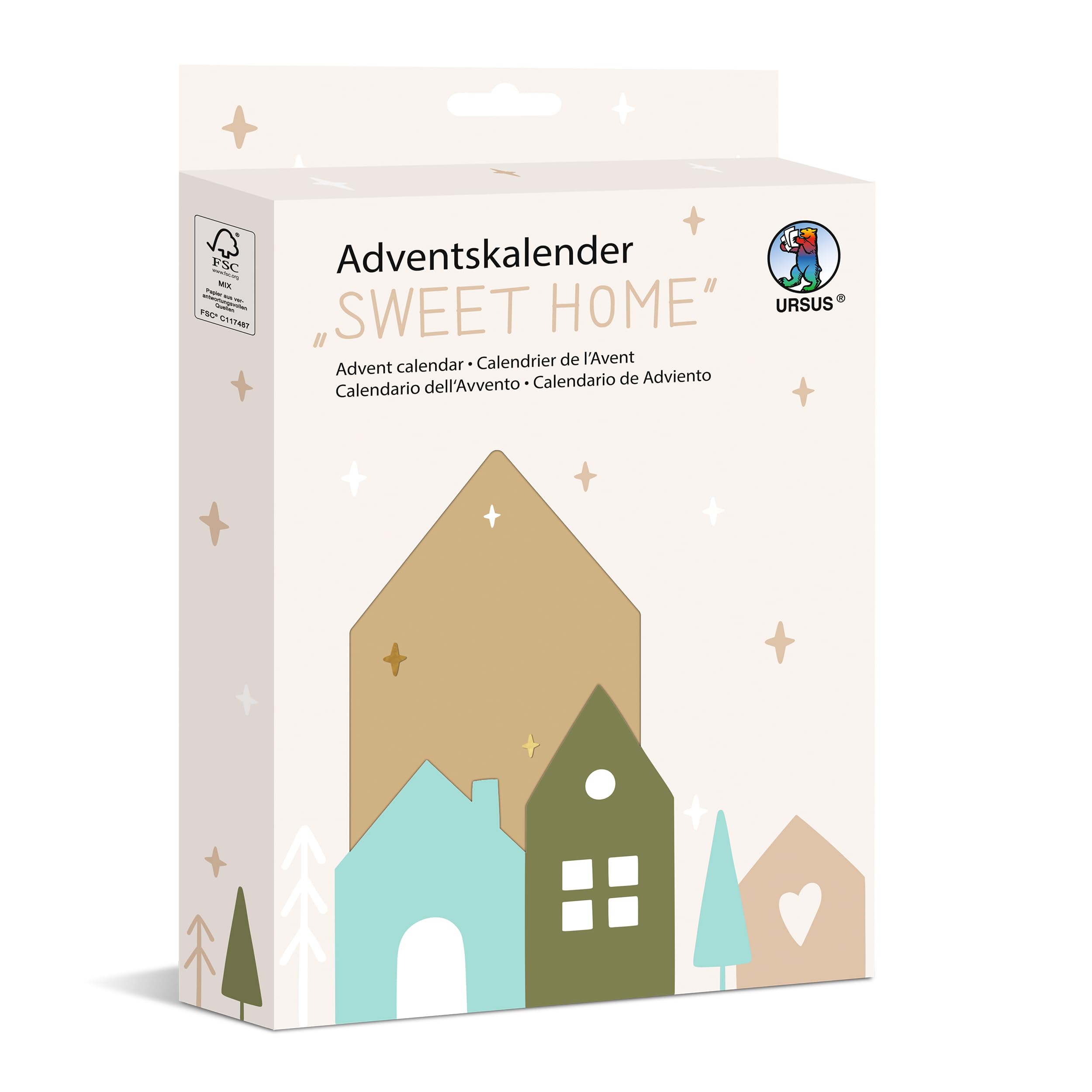Ursus 2488 00 00F Advent Calendar "Sweet Home", 24 Kraft Paper Bags, Includes Stickers and Wooden Clothes Pegs, DIY Set for Advent Calendar Crafts