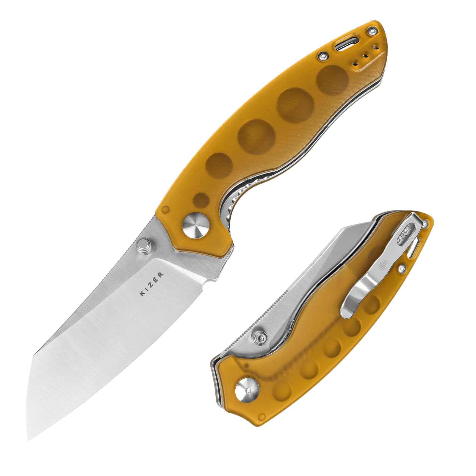 Kizer Towser K Folding Pocket Knife, 3.39" 154CM Blade EDC Knife with Yellow PEI Handle, Small Camping Knives with Liner Lock, Hiking Survival Knives with Thumb Stud Opener, V4593C5
