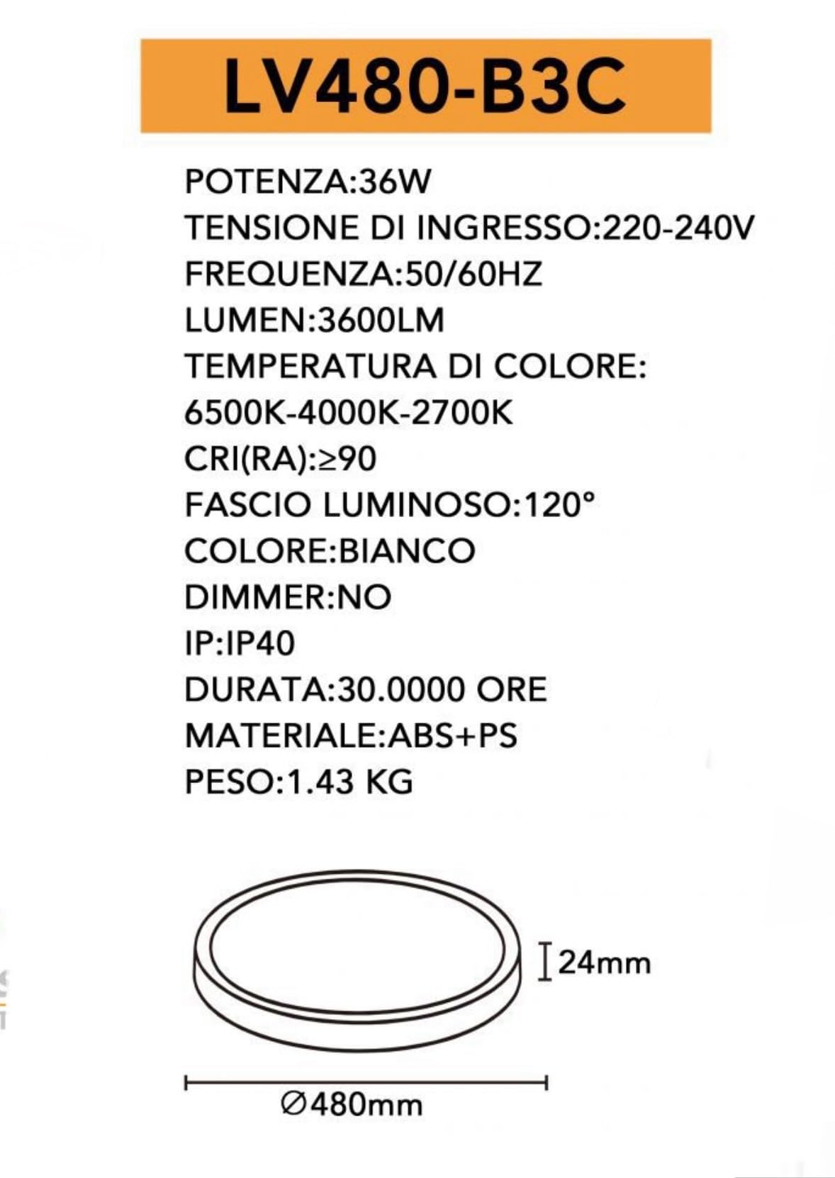 Plafoniera LED Soffitto 36/45W,3colore 3600/4950LM IP40 Impermeabile Rotonda Ø48/60CM Lampadario LED Moderna Luce Soffitto per Cameretta, Cucina, Soggiorno, Balcone -LV (BIANCO, 48CM 36W)