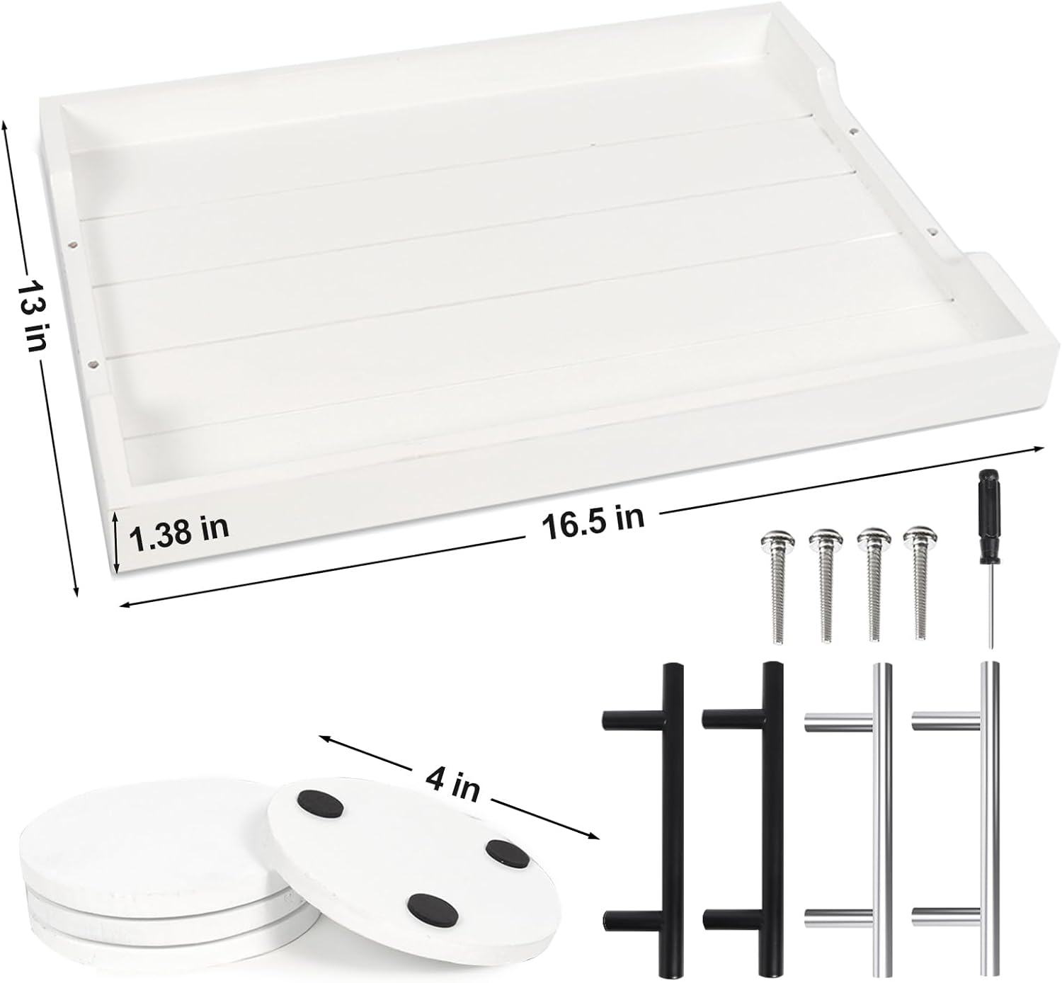 Coffee Table Tray - Large Ottoman Tray for Living Room - Wood Serving Tray with 2 Sets of Handles - Wooden Tray for Coffee Table, 4 Round Coasters Included, White - Image 3