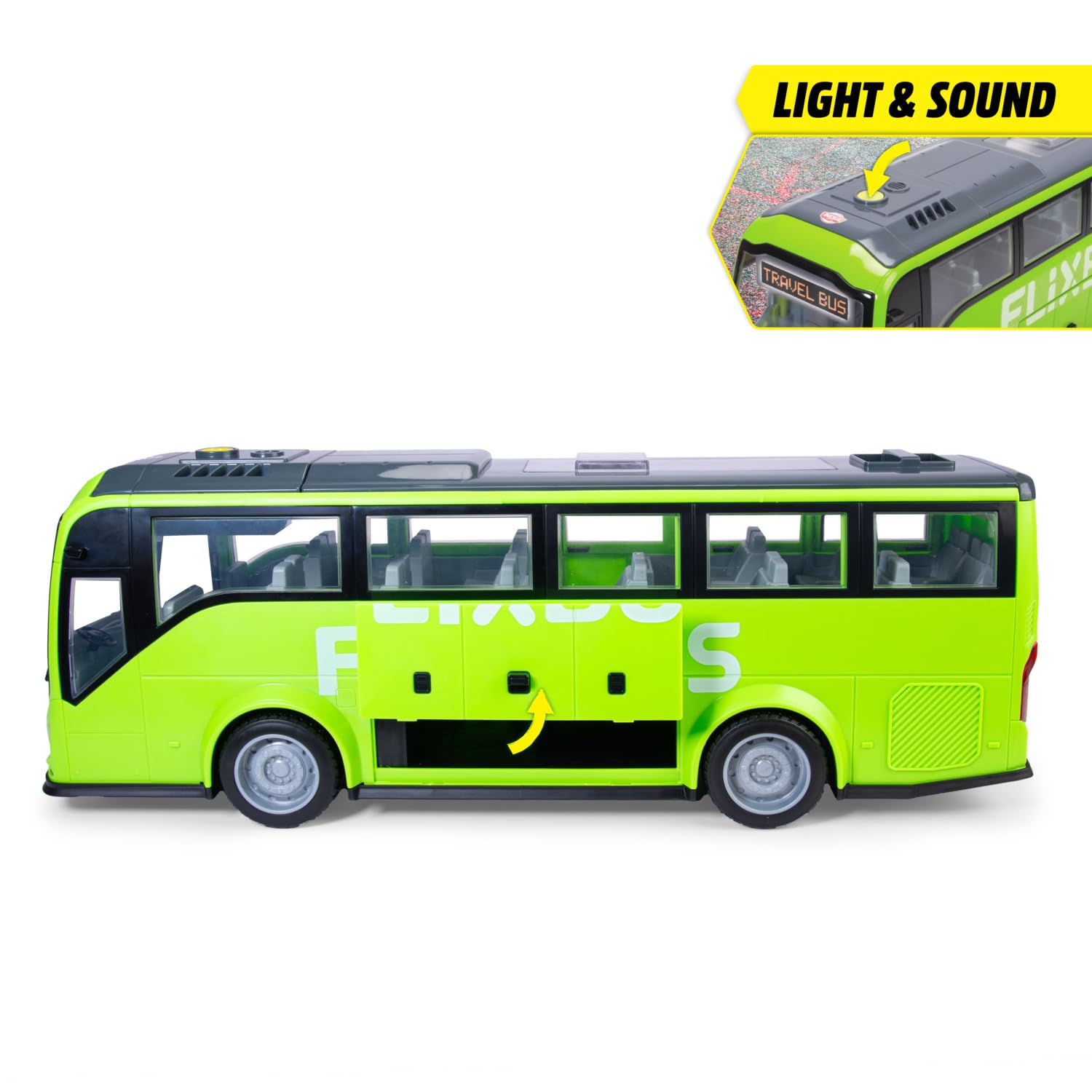 Dickie Toys Volvo 9700 autobus turystyczny 54 cm, autobus zabawkowy dla dzieci od 3 lat, wolny bieg, światło i dźwięk, zdejmowany dach, wnętrze, drzwi i klapy do otwierania, walizka, skala 1:16
