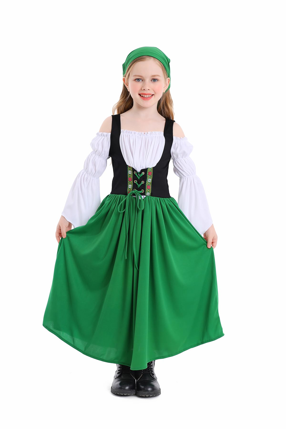 YUDATPG Kids Oktoberfest Beer Costumes German Bavarian Traditional Girls Oktober Fest Dirndl Long Dress for Girls Party Costumes Green