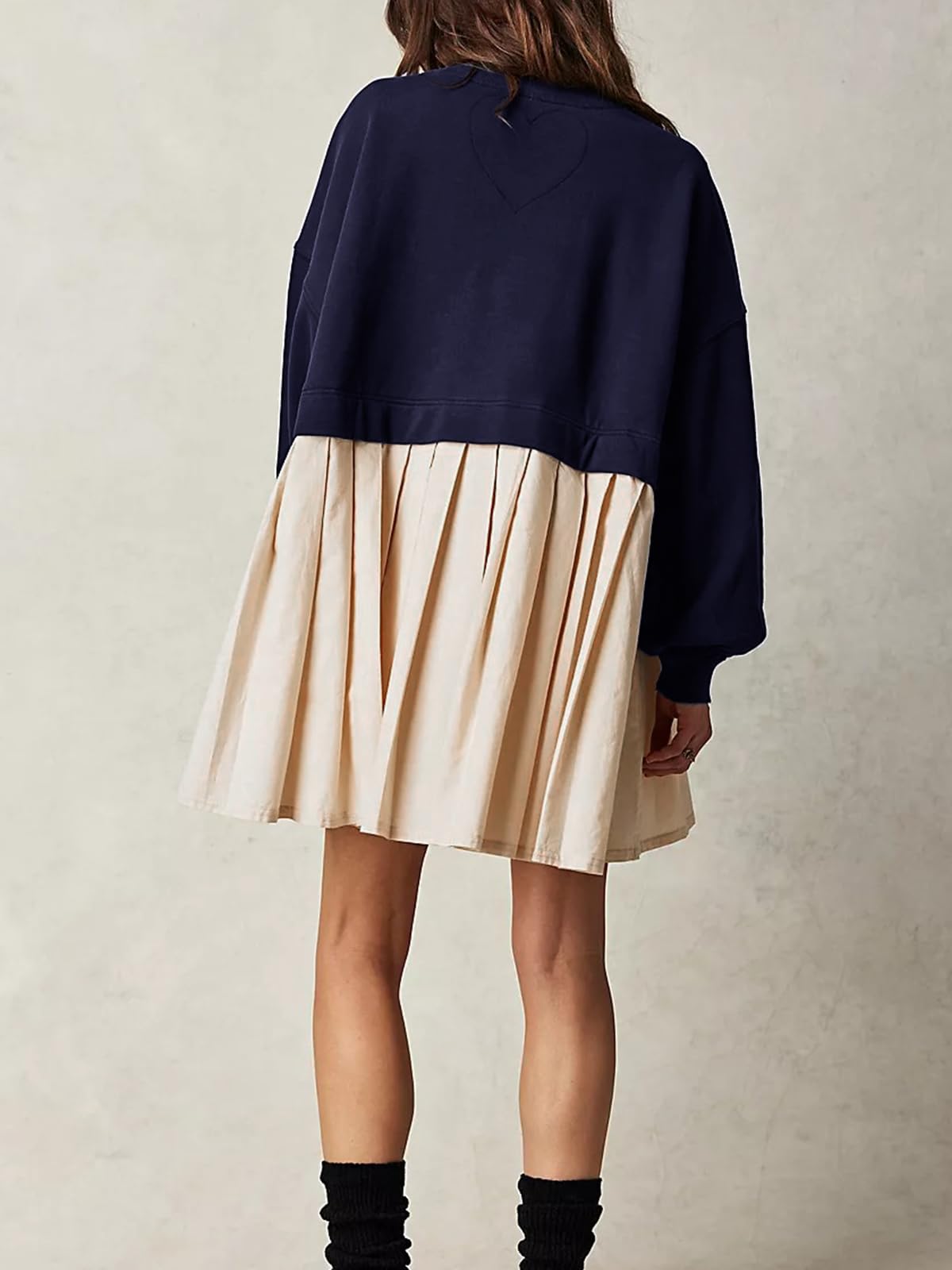 Dokuritu Vestido tipo sudadera para mujer, cuello redondo, manga larga, con retazos, sin botones, con vuelo, de gran tamaño, mini vestido
