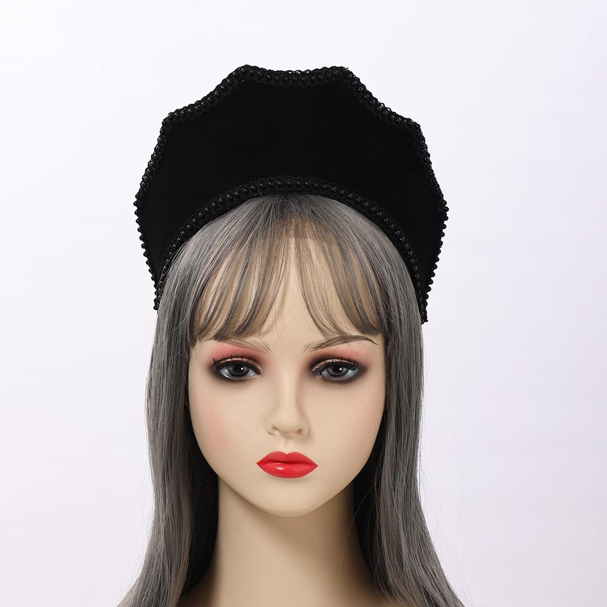 BPURB Renaissance Medieval Tudor Queen Headpiece for Women Anne Boleyn Headband Elizabethan Royal Coronet Hood Tiara Hat (Black-3) - Image 3