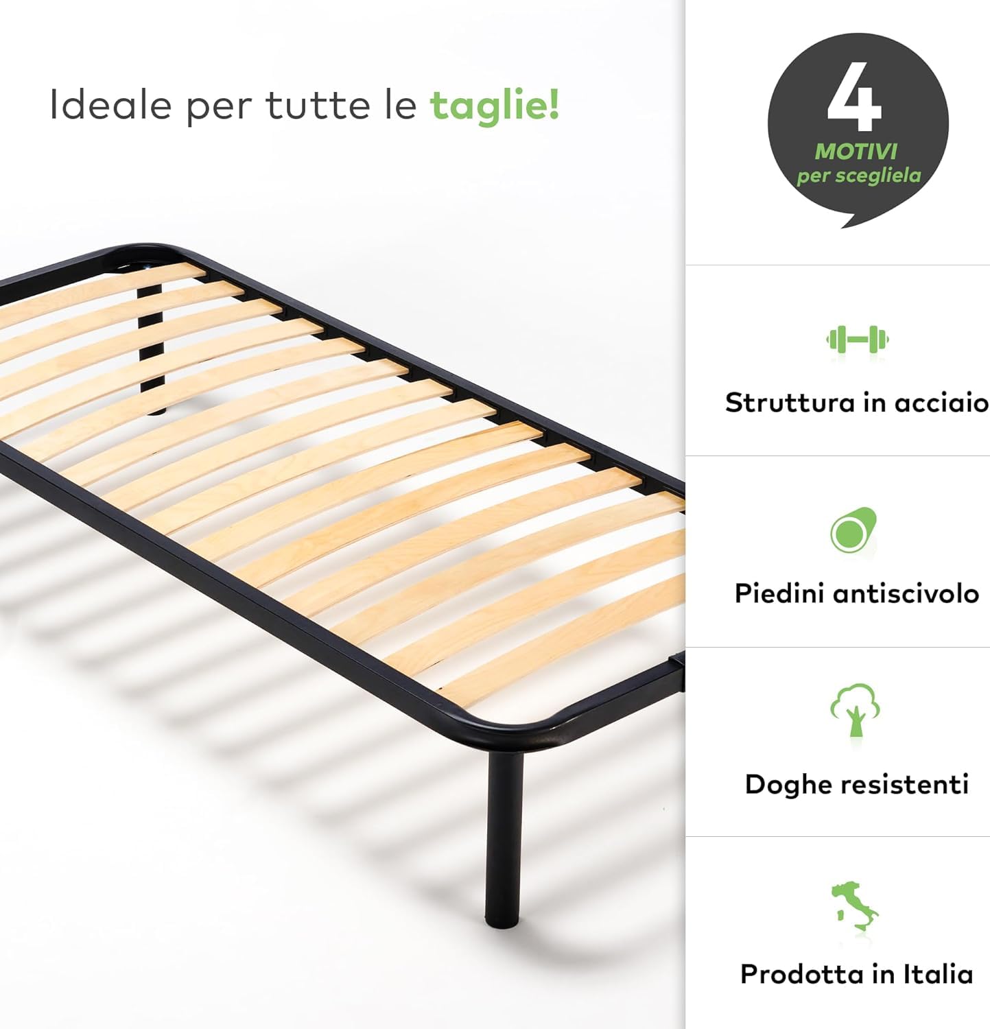 EVERGREENWEB Rete Letto Singolo 80x190 a Doghe in Legno + Kit 2 Doghe GRATIS con 4 Piedi Smontabili ORTOPEDICA Struttura portante in Ferro Rinforzata, Base Singola da Incasso per Letti e Materassi