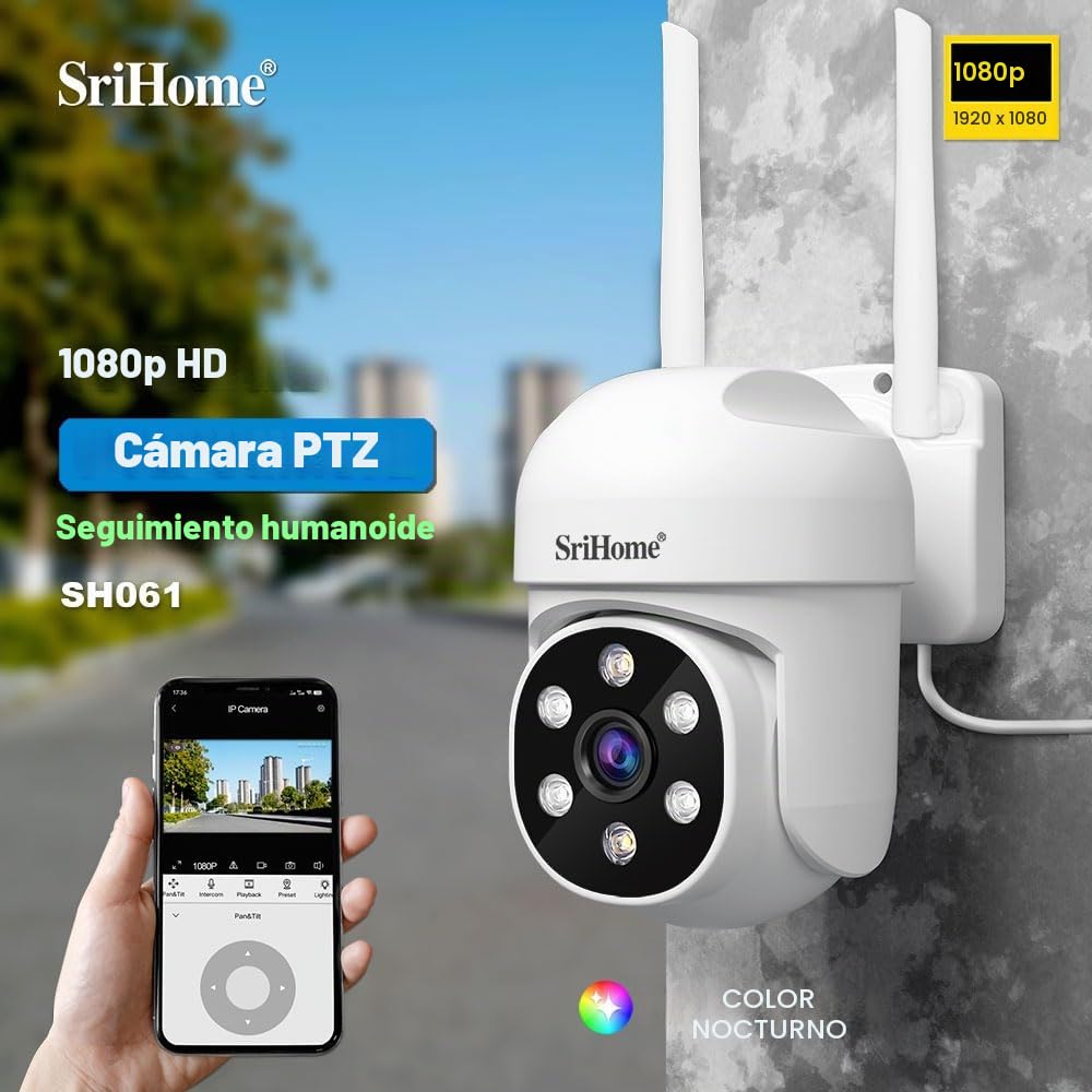 SRIHOME 1080P WiFi Monitoreo PTZ cámara IP detección humanoide y Seguimiento de Movimiento visión Nocturna IP66 Impermeable (2 Paquete de Unidades)
