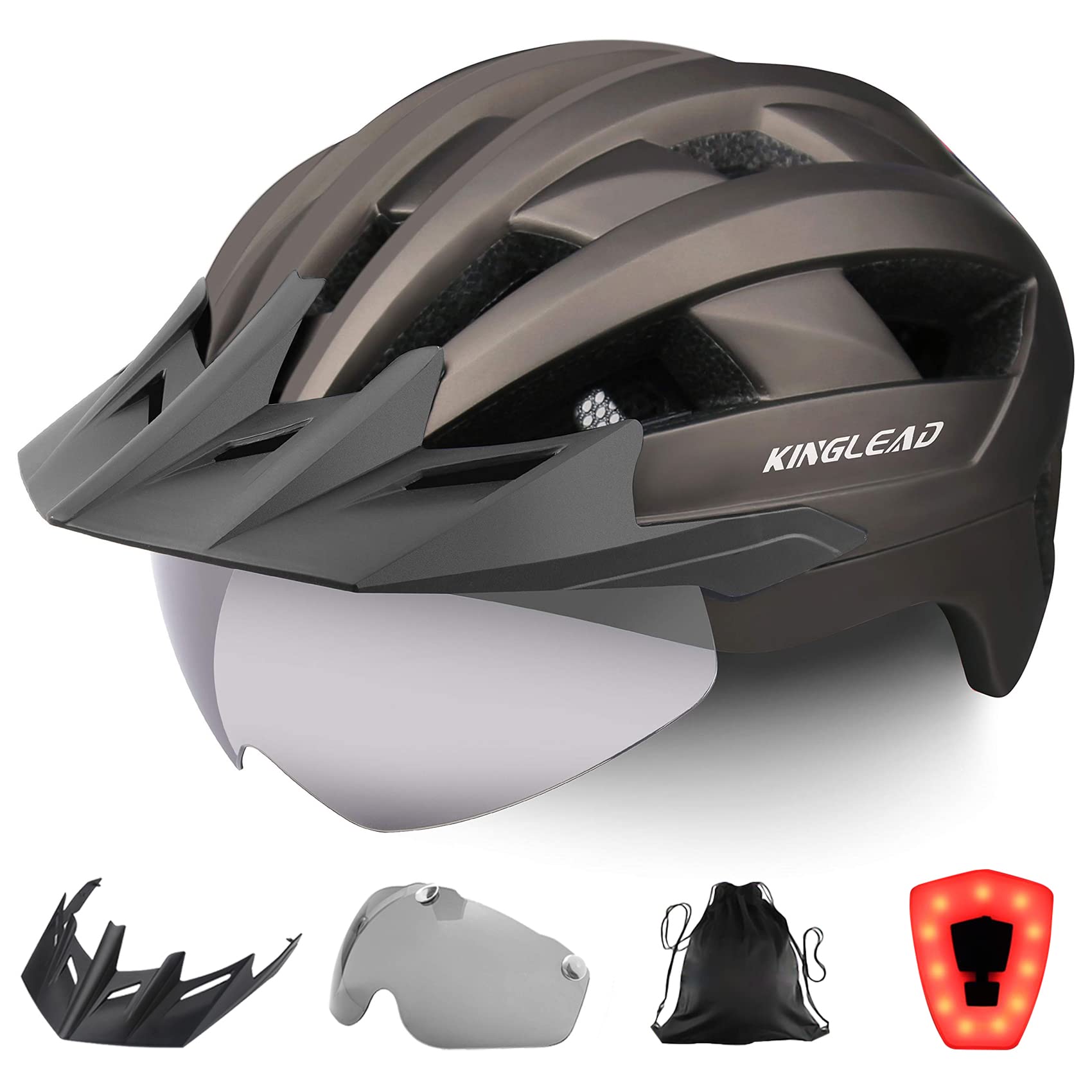 KINGLEAD Casco da Bicicletta per Adulti Uomini Donne con Luce LED Ricaricabile USB, Occhiali Magnetici e Visiera Rimovibile, Casco da Mountain Bike Casco da Ciclismo Casco da Bicicletta da Strada