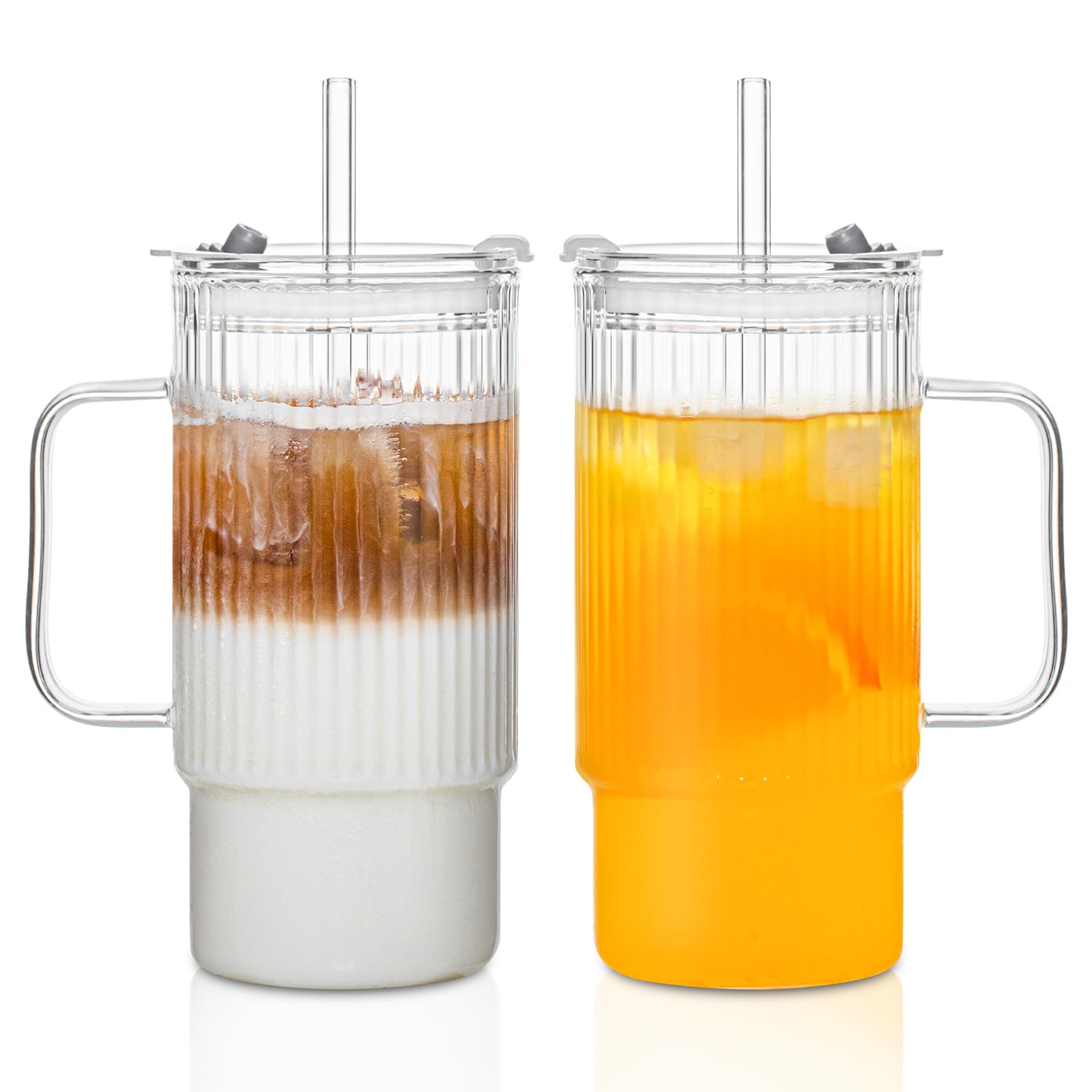 KEMORELA 2PCS 20 Oz Ribbed Glass Tumblers with Lids Straws Handle Iced Coffee Cups Reusable Clear Drinkware for