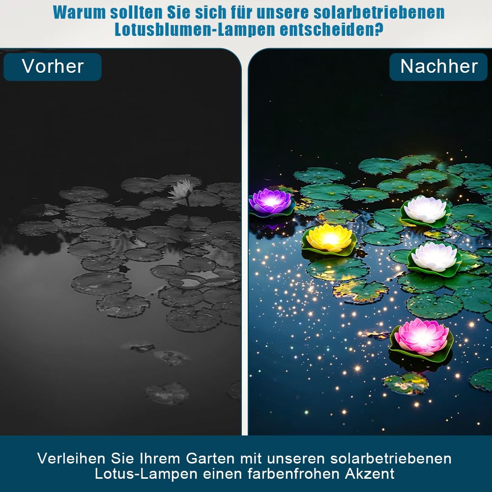 Aohcae 4 Stück Schwimmende Lotuslichter, Wasserdichte Solar Lotusblüte, Seerosen Künstlich Solar für Garten Hof, Schwimmbad, Brunnen und Aquarien