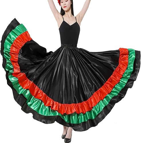 Falda larga de baile con volantes para adultos color negro rojo verde falda folclórica para disfraz de flamenco mexicano de Halloween