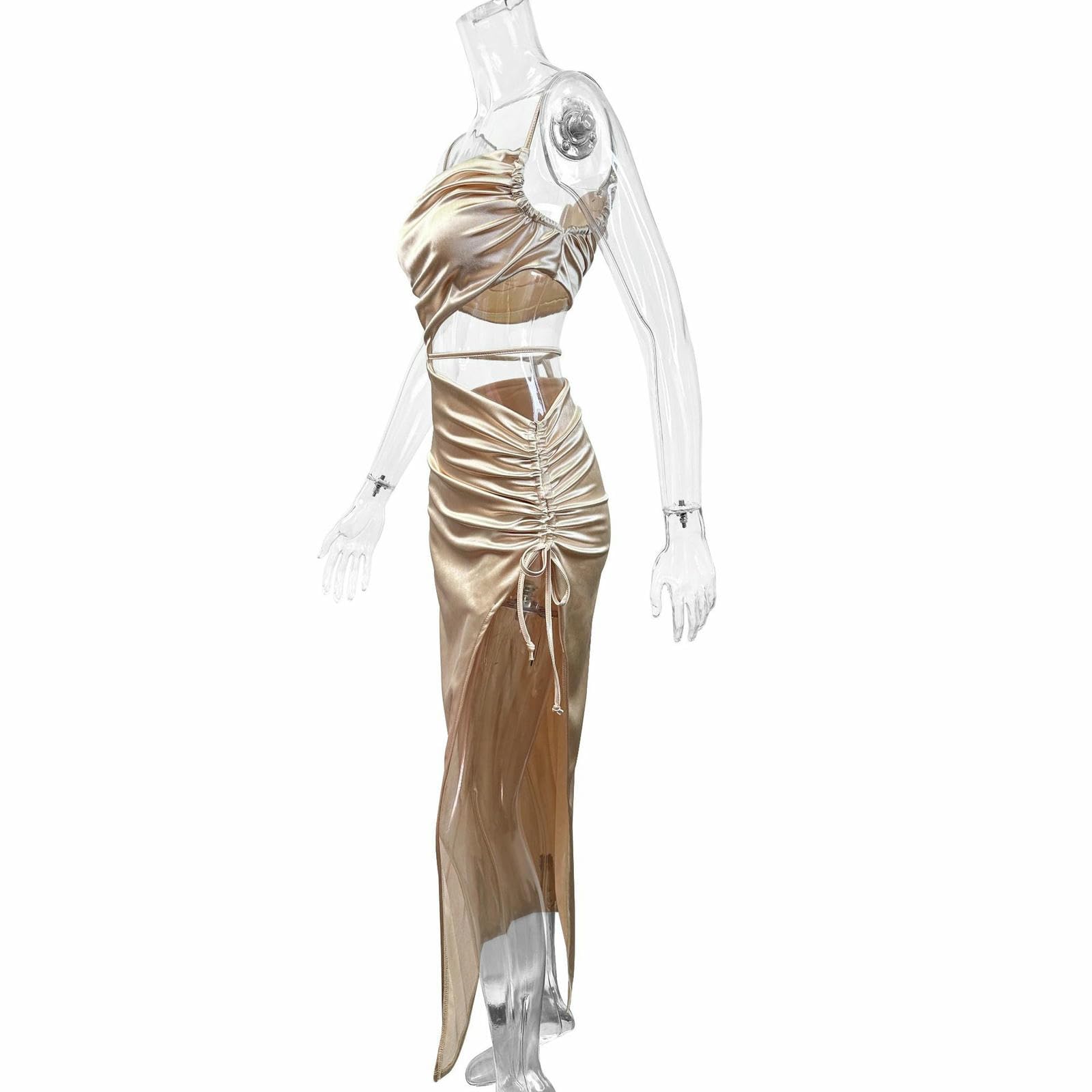 Elegancka sukienka damska, z rozcięciem, spaghetti, z paskami, modna, bez ramiączek, sukienka maxi, jedwabna, wysoka talia, kolor morski - l