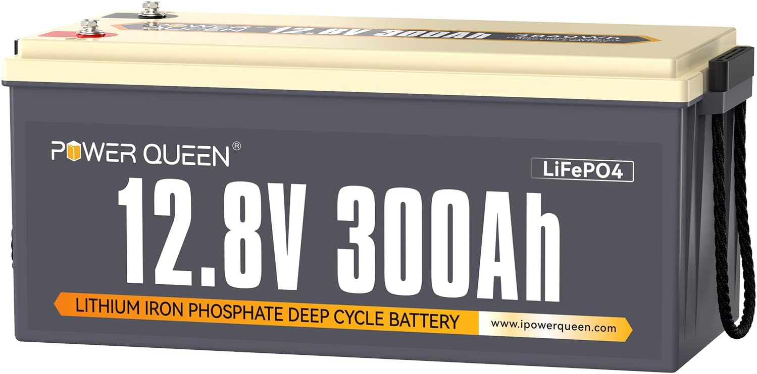 Power Queen 12V 300Ah LiFePO4 Battery, 3840Wh Lithium Battery with 2560W Power Output, Up to 15000+ Deep Cycles, BMS Protections for Solar, RV Motorhome, Marine, Off-Grid