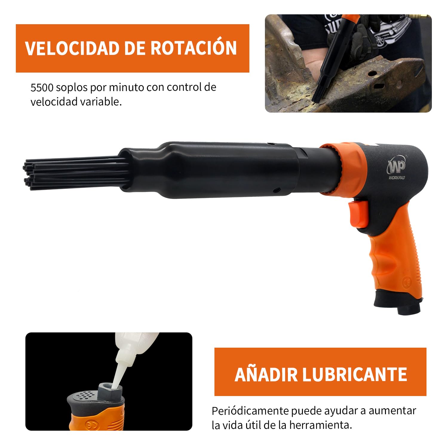 WorkPad Cabezal de recambio profesional de aire comprimido 5000 rpm para pistola de agujas, 19 agujas, quita óxido, quita pintura para mecánicos de coches, tapiceros, ¡potente y seguro!