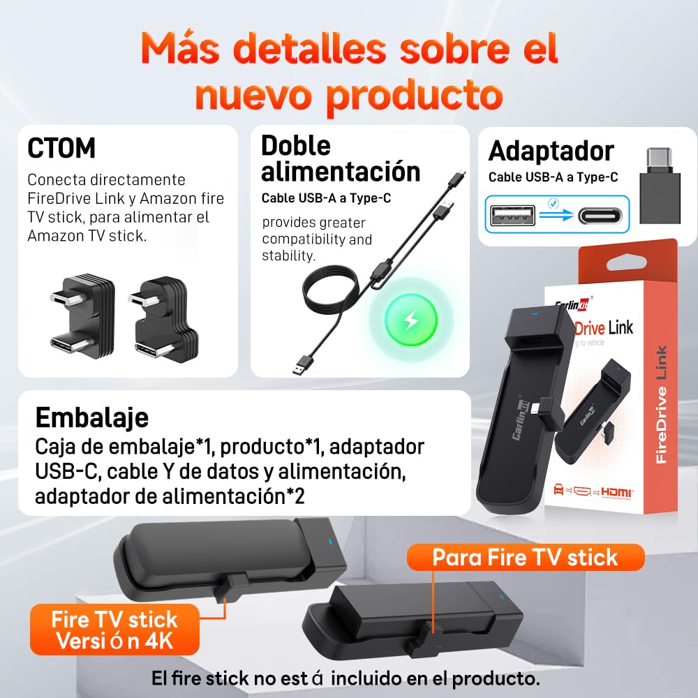 Carrinkit Car TV HDMI 2026 Fire Stick Converter, HD HDMI Car Adapter, Puede convertir Vídeo/Juego en Coche, Plug - and - Play, Adecuado para vehículos por Cable y Equipos de Fire Stick
