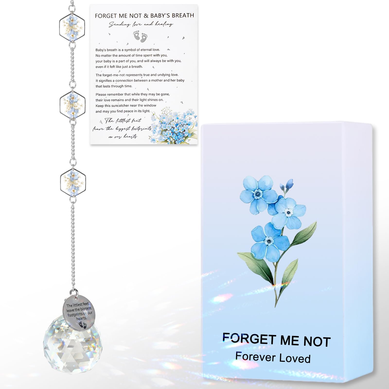 Miscarriage Memorial Suncatcher Gifts for Mothers Dad, Handmade Forget Me Not Baby's Breath Pressed Flower Miscarriage Ornament, Bereavement Remembrance Gift for Loss of Baby (Blue White)