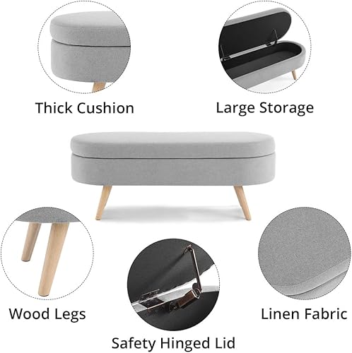 Miniatura 4 de TRIPLE TREE Banco otomano ovalado de almacenamiento, banco de entrada tapizado de tela de lino de 43.5 pulgadas con bisagra de seguridad y patas de