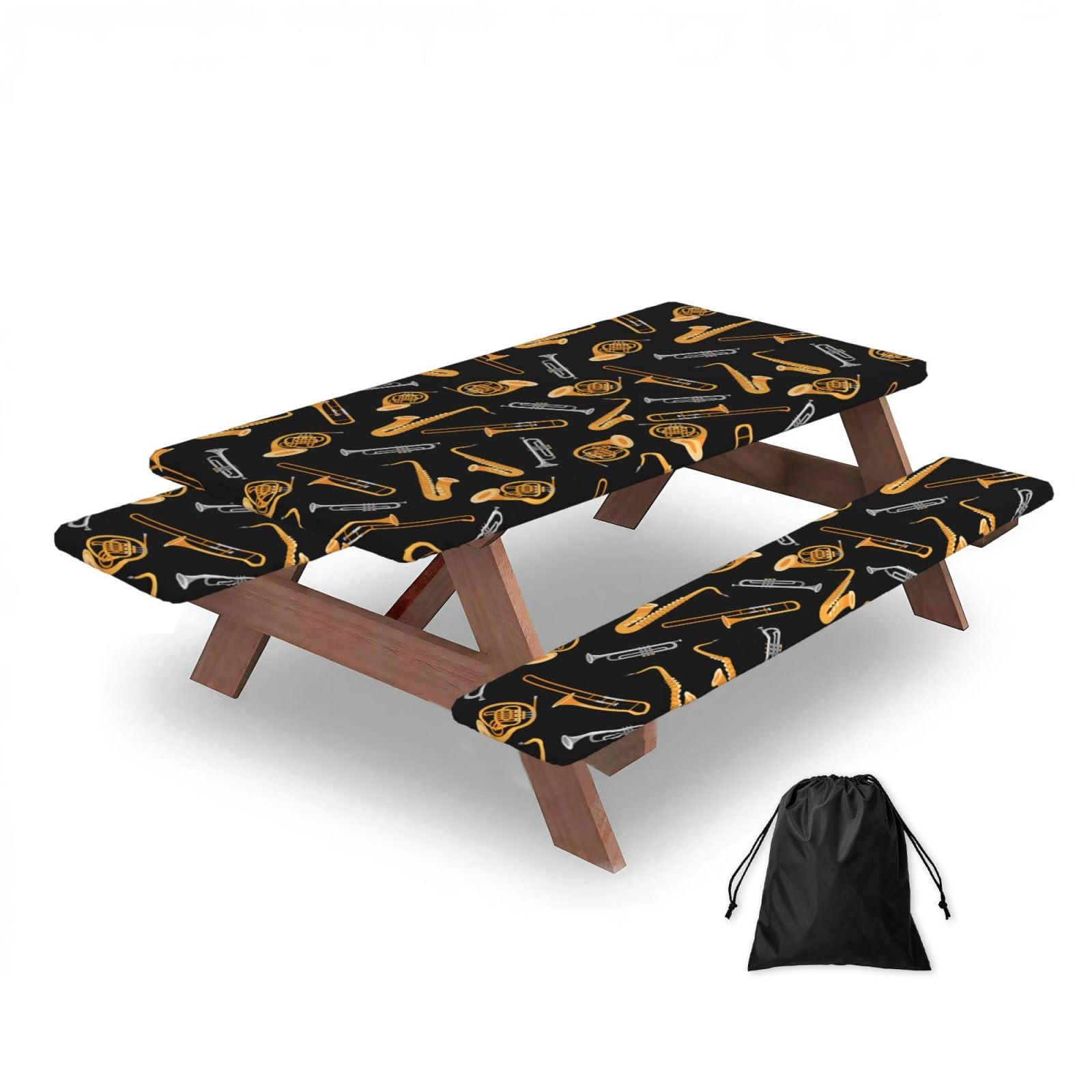 Dopklna As Picture Saxophone Trombone Music Black, Picnic Table Cover With Bench Covers -Waterproof Elastic Fitted Tablecloth For Garden Camping Patio 76X152cm