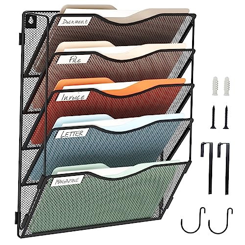 Bohdk Wall File Organizer 5 Pockets, Hanging File Organizer, Foldable Mesh Hanging File Holder With Label Panel | 2 Hooks | Wall Mount & Door Hanging For Office Home #TOP4