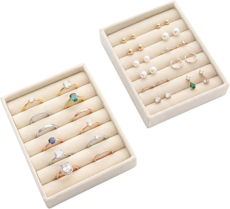 Small Jewelry Tray Set Velvet Ring Organizer Mini Jewelry Drawer Organizer Stackable Jewelrys Organizers Earrings Display Tray Storage Insert Holder for Box Drawer Dresser (Modern)