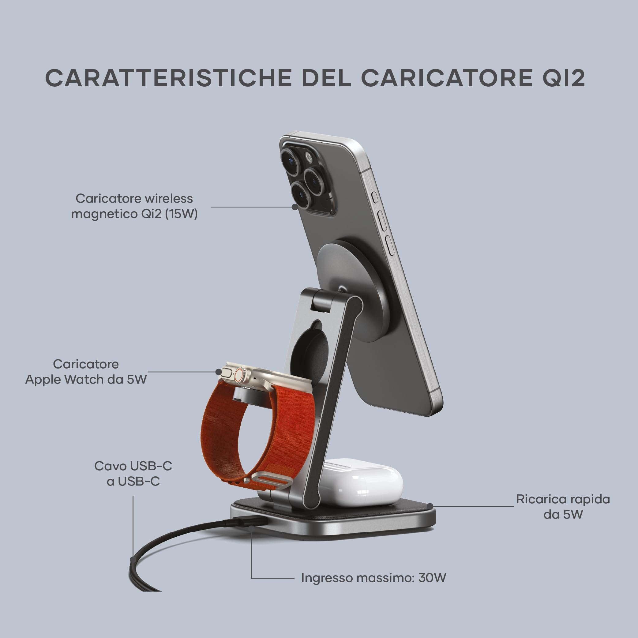SATECHI 3 in 1 Qi2 Caricatore Wireless Pieghevole 15W | Supporto pieghevole da viaggio, compatibile con iPhone 17-12, Apple Watch e AirPods con ricarica wireless