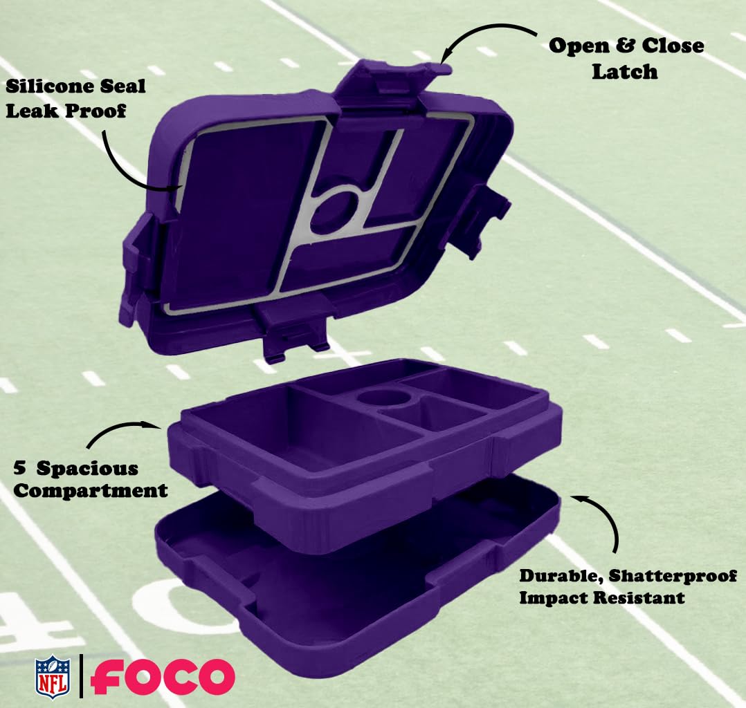 FOCO NFL Bento-Lunchbox für Erwachsene, offizielles Lizenzprodukt, zweifarbig, großes Logo, Fußball-Optik, auslaufsicher, 5 Fächer, Minnesota Vikings