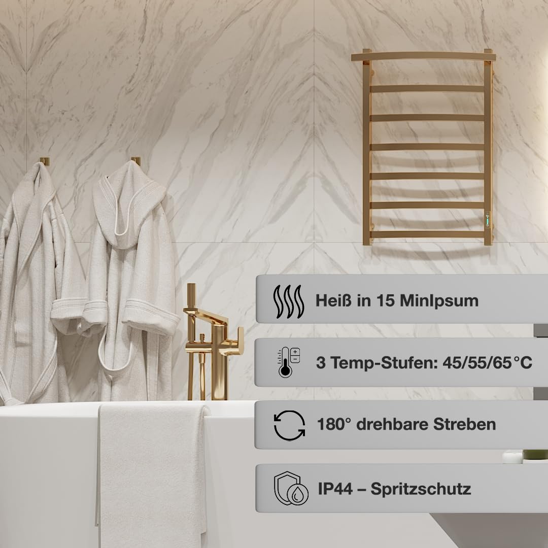 Elna Scaldasalviette Oro - 107W - 805x590mm - Elettrico - Per Casa e Famiglia - Montaggio a parete - Acciaio inossidabile con Timer, Termostato & Eco - IP44 - Compatto ed elegante