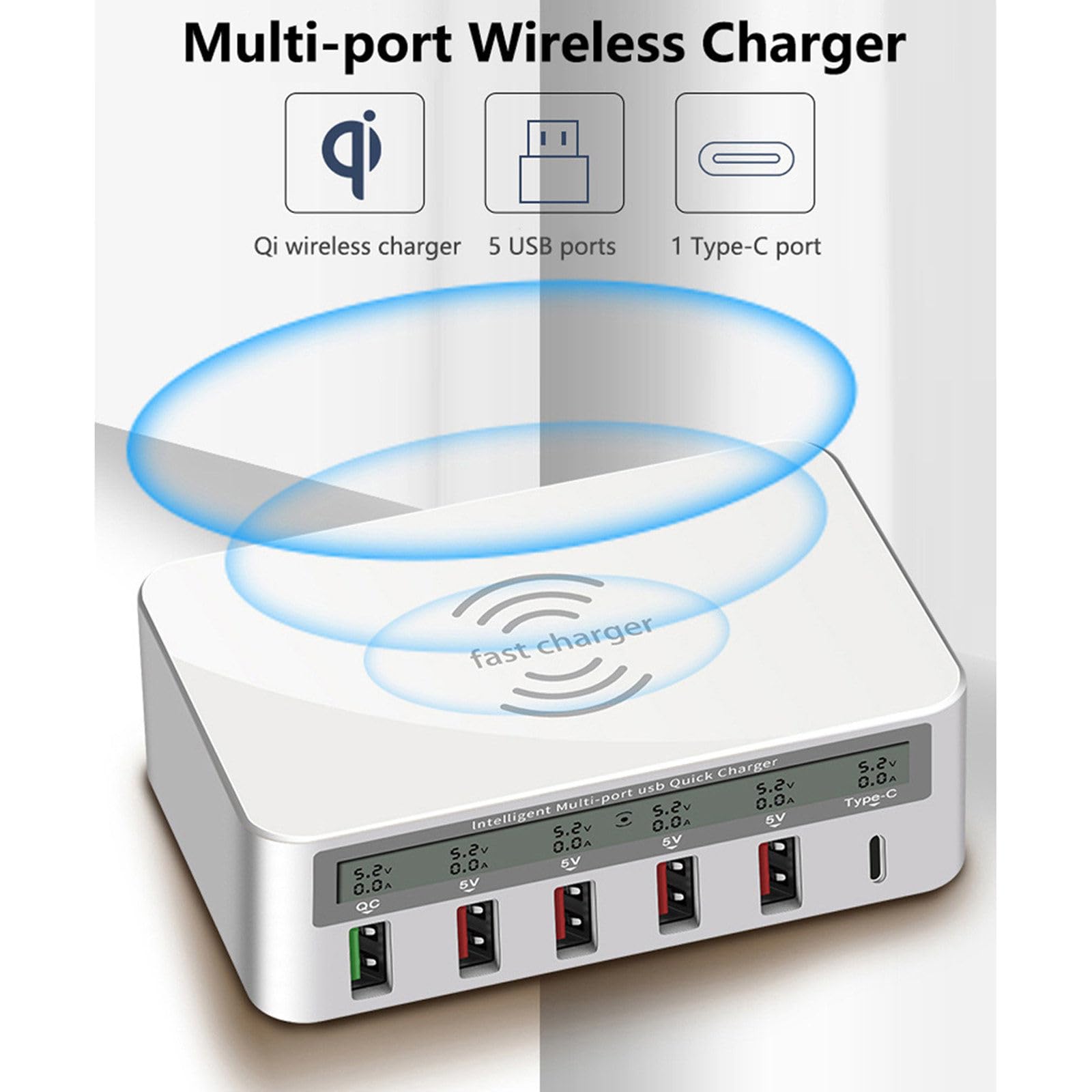 40W Usb Caricatore Del Telefono Cellulare 6 Porte Caricabatterie Rapido Qc3.0 Pd Display Lcd Stazione di Ricarica per Telefono Cellulare Tablet,White