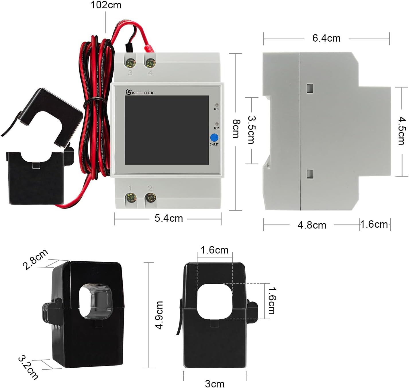 KETOTEK Power Meter Single Phase, 2 Channels, Energy Meter DIN Rail Electricity Usage Monitor with LCD, kWh Meter AC40-300V 100A, Ammeter Voltmeter with Split Core Current Transformer CT