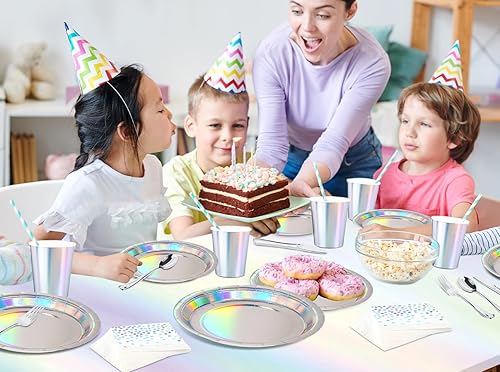 Miniatura 4 de TWOWYHI Juego de 181 piezas de suministros iridiscentes para fiestas para 24 invitados, platos de papel holográfico y servilletas, tazas, tenedores,