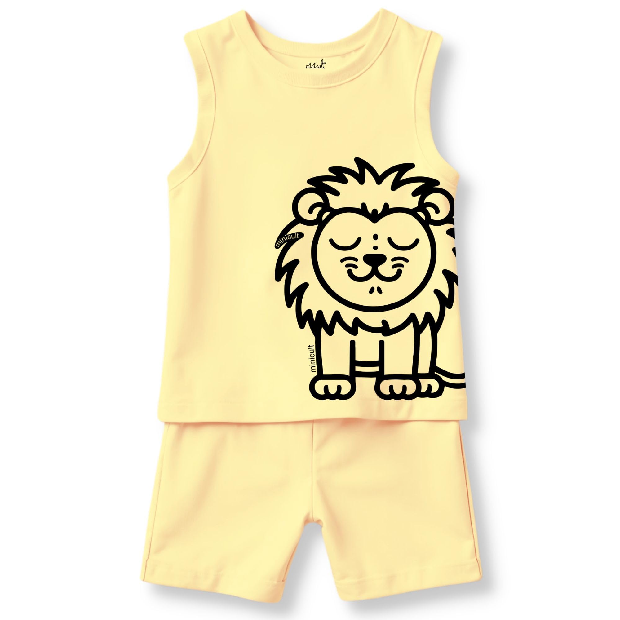 minicult Kids Matching Cotton Vest and Shorts coords with cute animal Prints(Lion)(2-3 Years)