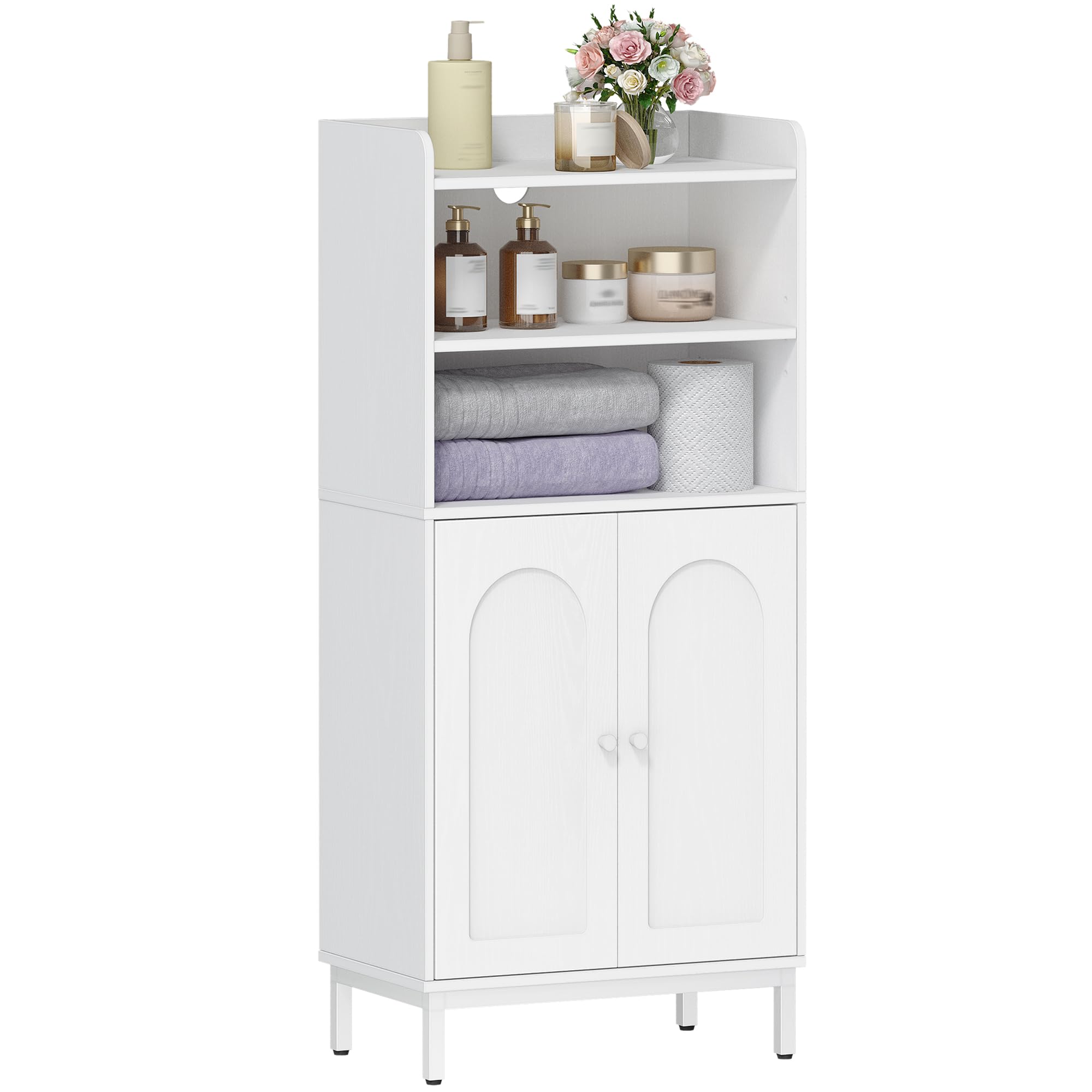 Hzuaneri Badezimmerschrank, Badschrank, Küchenschrank mit 2 offenen Fächern, 2 Türen, 2 verstellbaren Einlegeböden, Freistehender Badezimmer, 20 × 37 × 84 cm, Weiß BC48213W