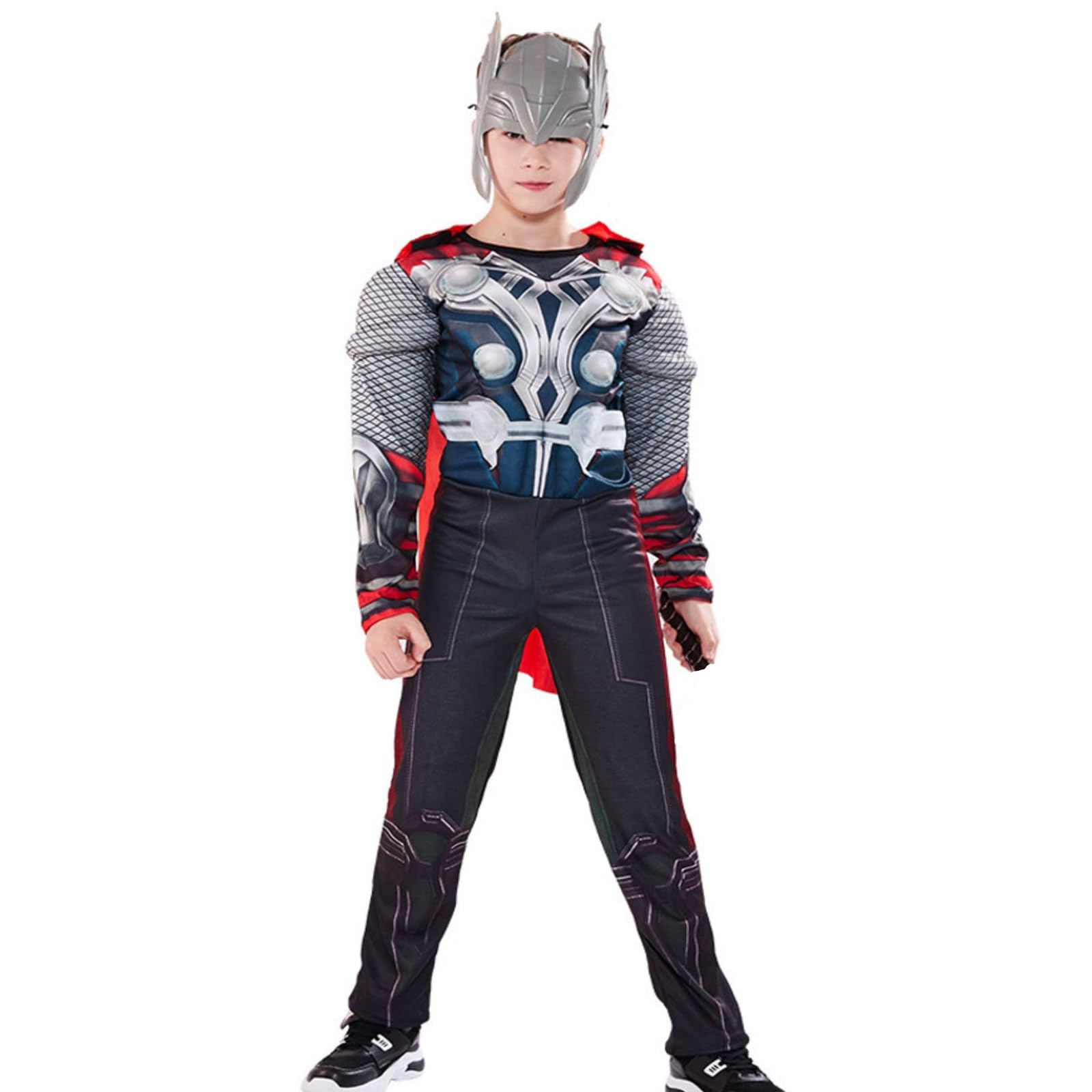 Makoike SuperHero Costume Kids Muscle Suit Knight Mask Jumpsuit Cape Hammer Carnival Halloween Costume 3-12 Years