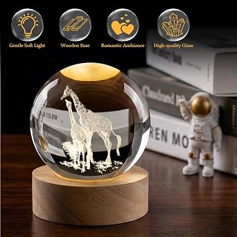 Giraffe Crystal Ball, 3D Crystal Ball, Decor Glass Ball Wooden Base with Light, USB Interface with Power Switch, Crystal Ball Ornaments for Home Decor, Tabletop, Birthday Gift, Anniversary