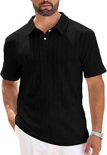 Mens Knit Polo Shirts Short Sleeve Cuban Geometric Textured Pullover Casual Regular Fit Stretchy Golf T Shirt